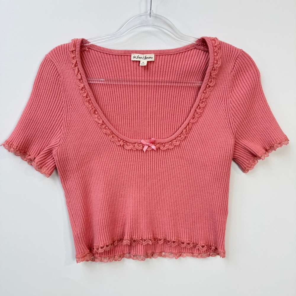 For Love & Lemons Calla Knit Top Women Medium Pink Lace Trim Ribbed KSP20VS006